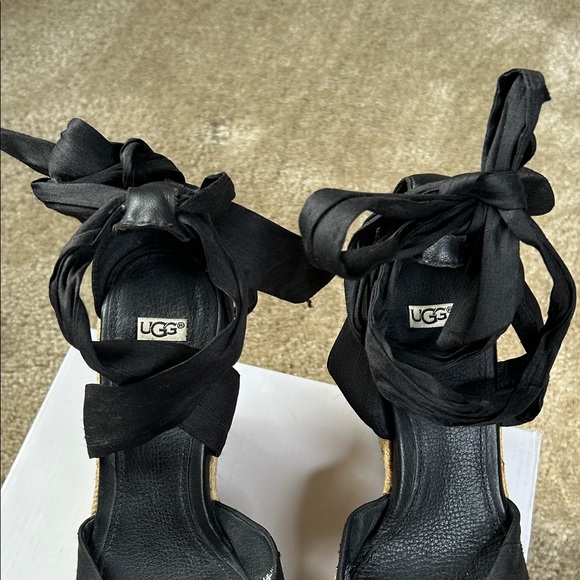 UGG Black/Tan Lace Up Espadrille Wedge Sandals - Picture 2 of 12